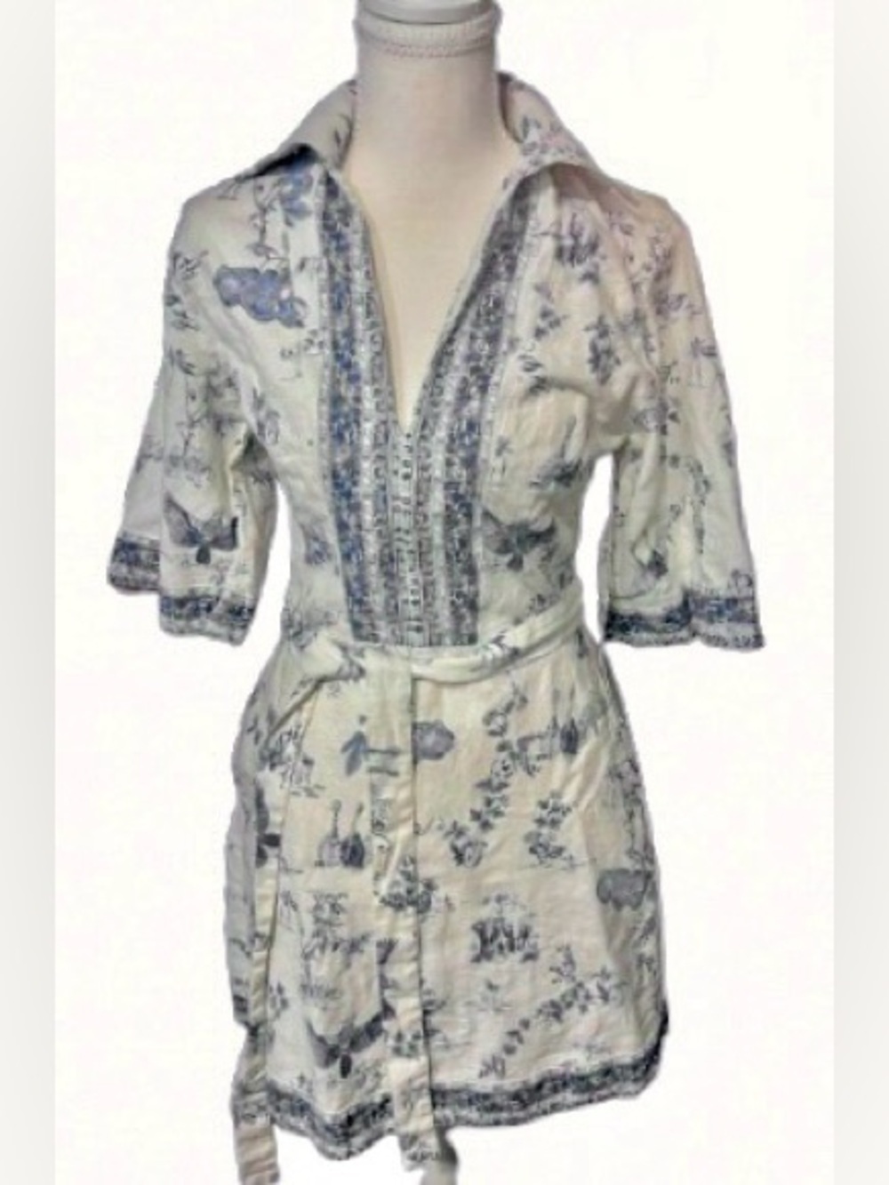 NWT Birds Elephants Calypso St. Barth Blue Floral Cream Dress Designer New Small
